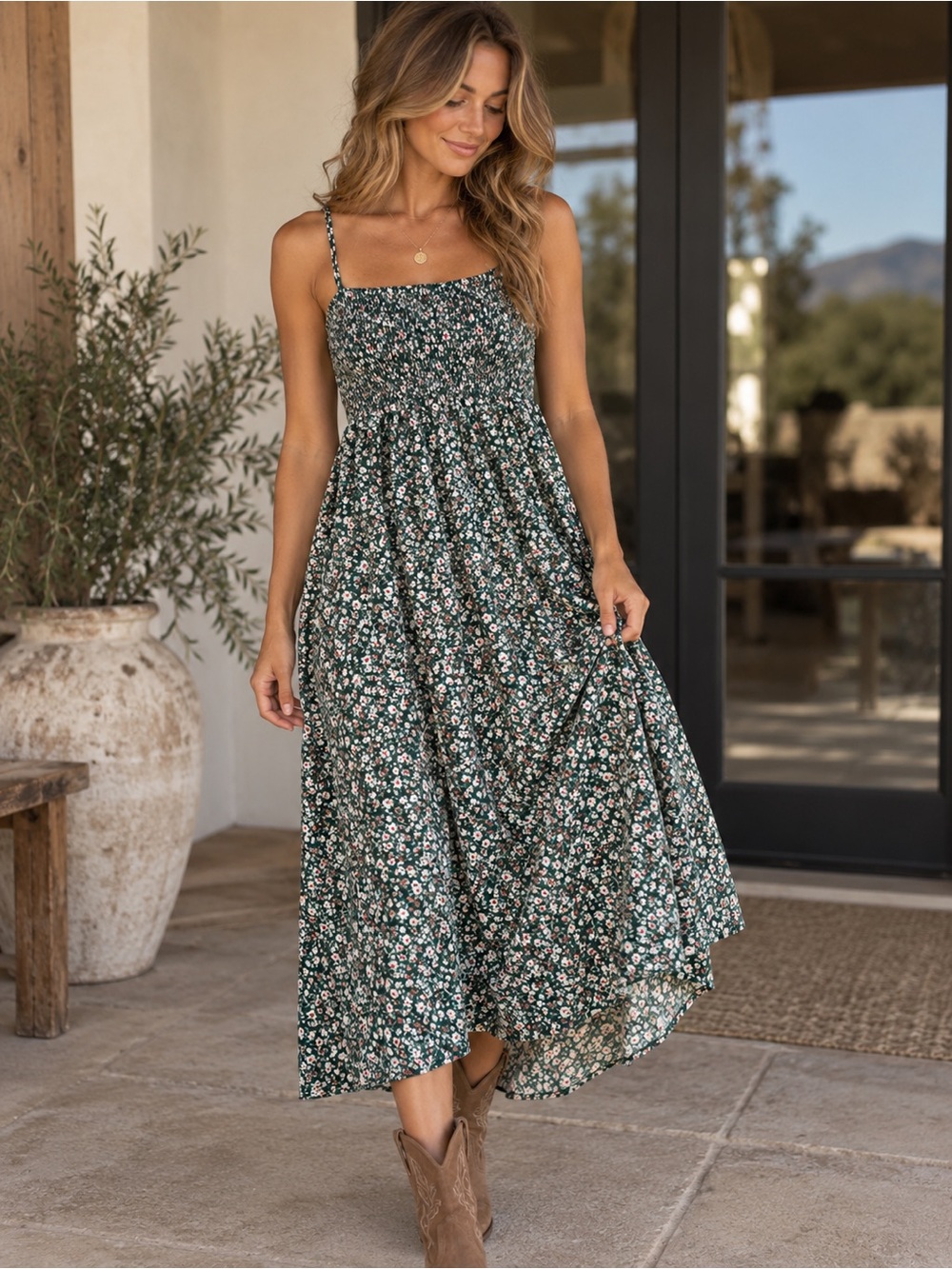 Floral Smocked Midi Dress in Dark Green